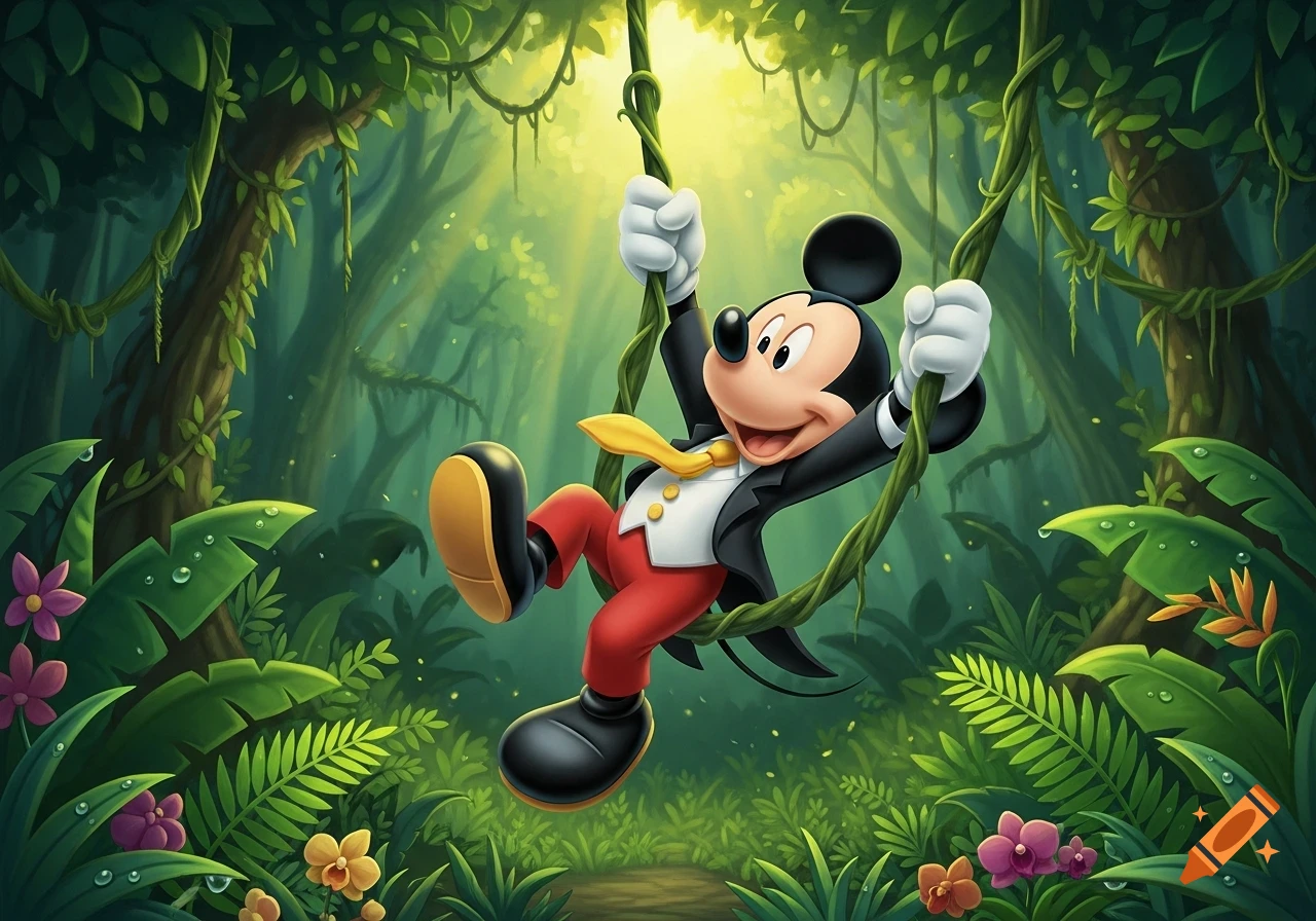 Mickey Mouse, wearing a tuxedo, joyfully swings on a vine through a vibrant cartoon jungle.