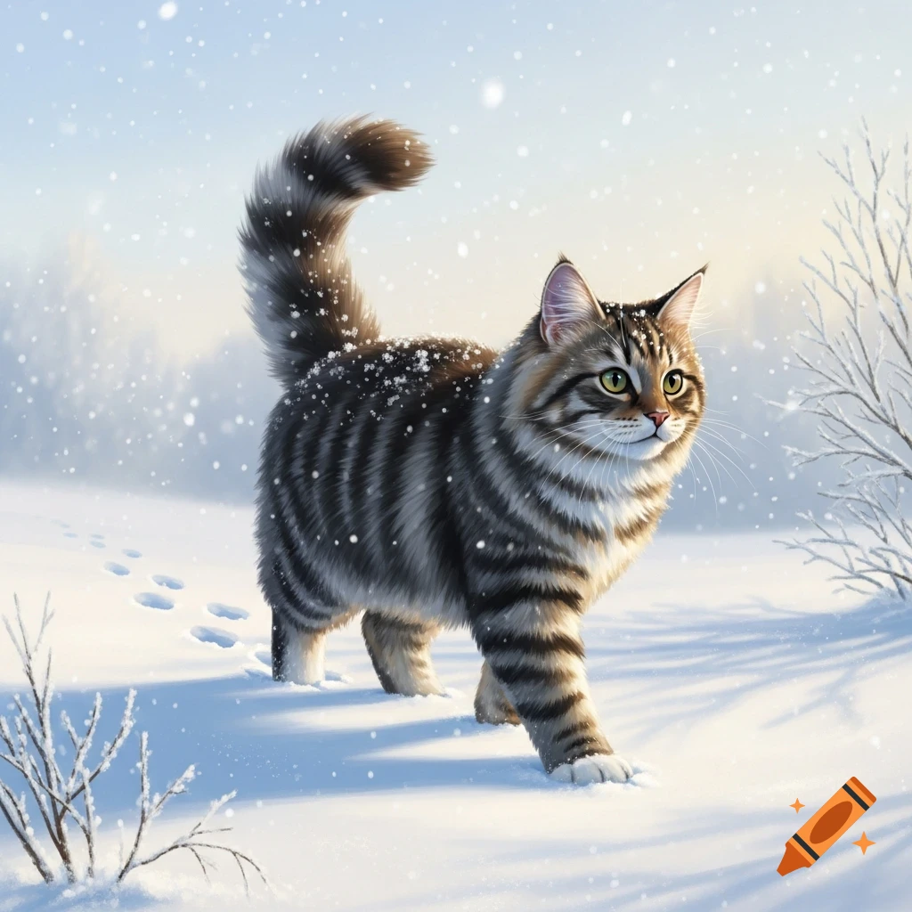 A fluffy tabby cat with green eyes walks through a snowy landscape under falling snowflakes, leaving paw prints.