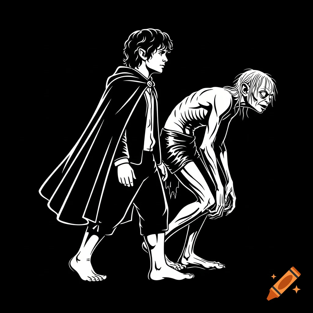 White on black stencil silhouette of Frodo with hobbit feet walking ...
