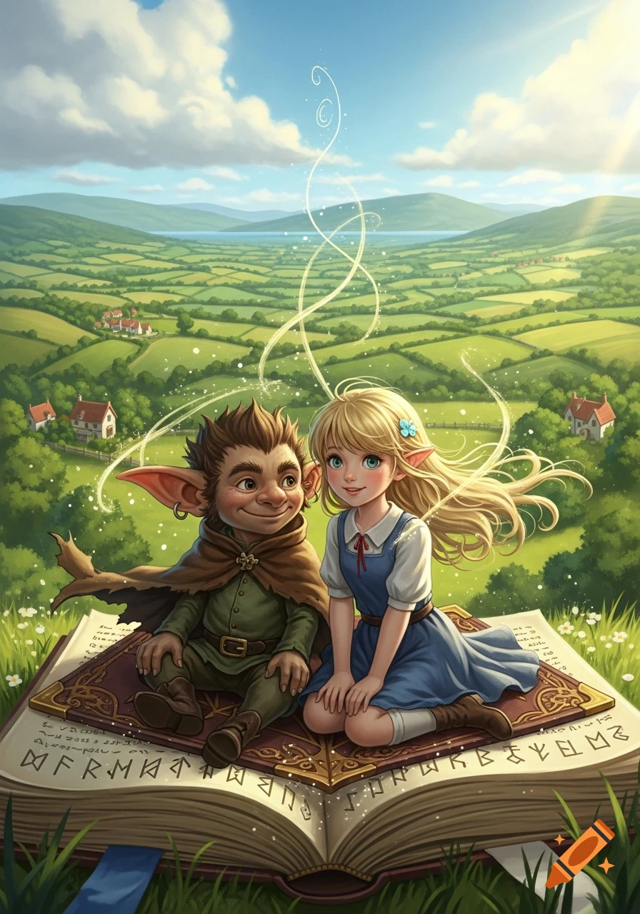 A hobgoblin and an elf-girl sit on a magic book in a sunny, green valley landscape with winding light trails.