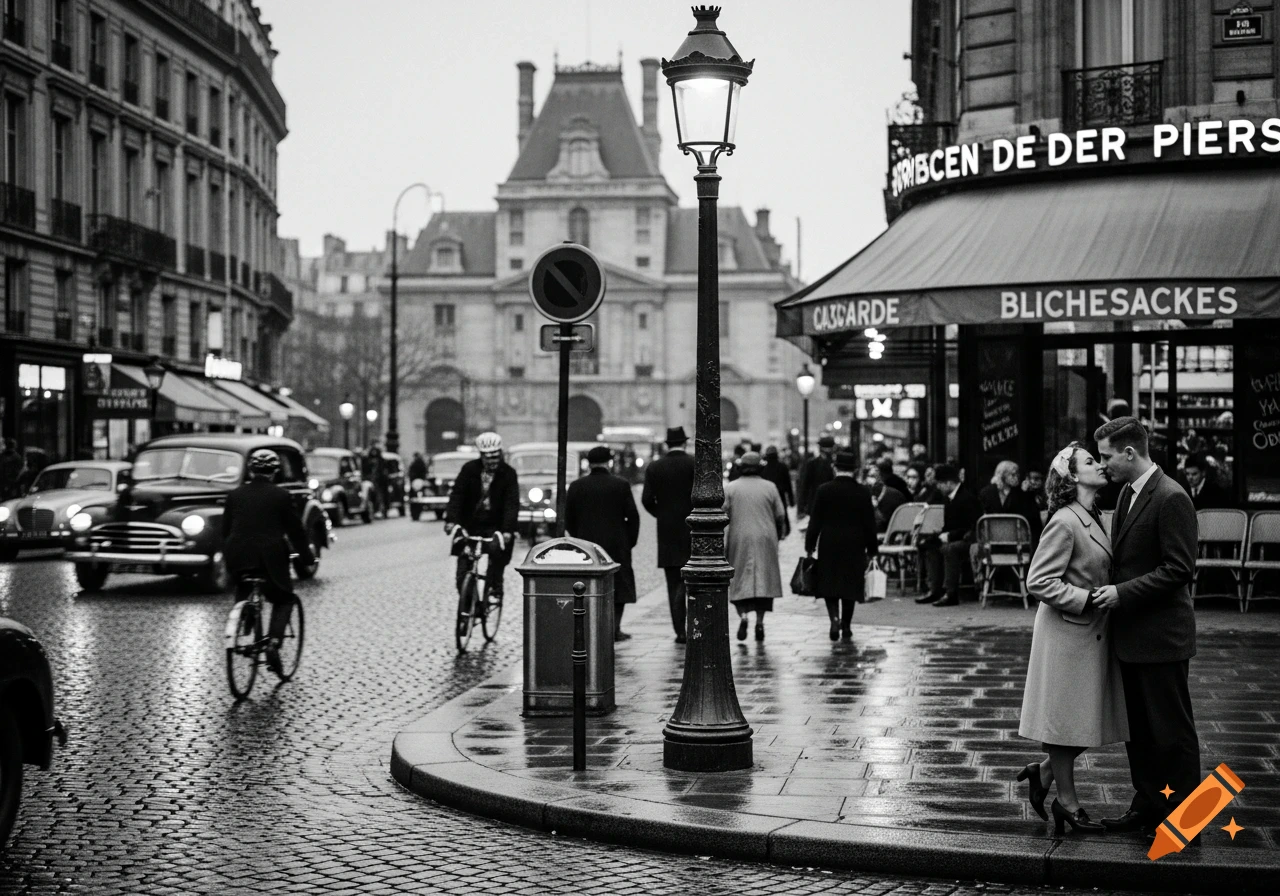 A black and white street scene with a couple kissing on a wet cobblestone corner, surrounded by people, vintage cars, and Parisian-style buildings.