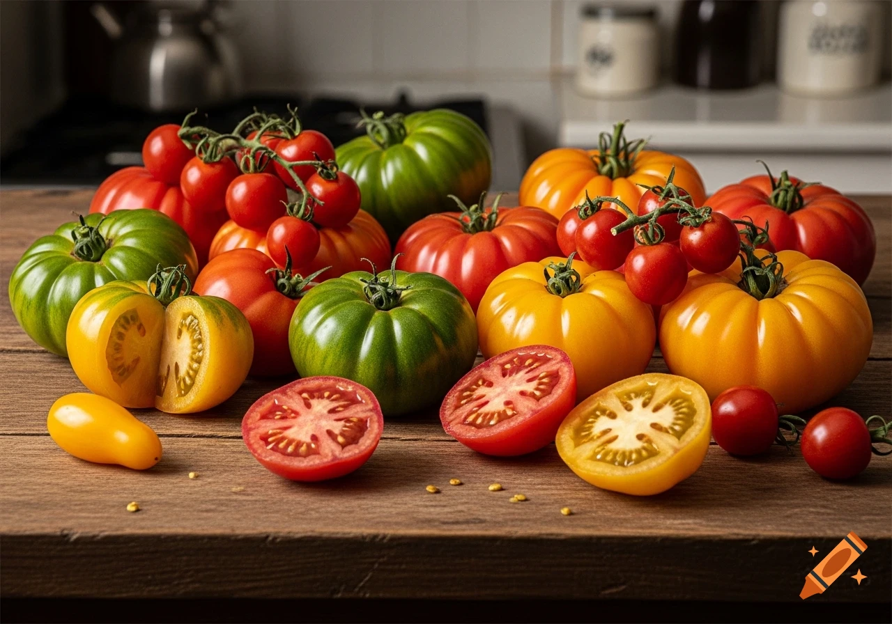 A vibrant arrangement of red, green, and yellow tomatoes, some cut open, on a rustic wooden table.