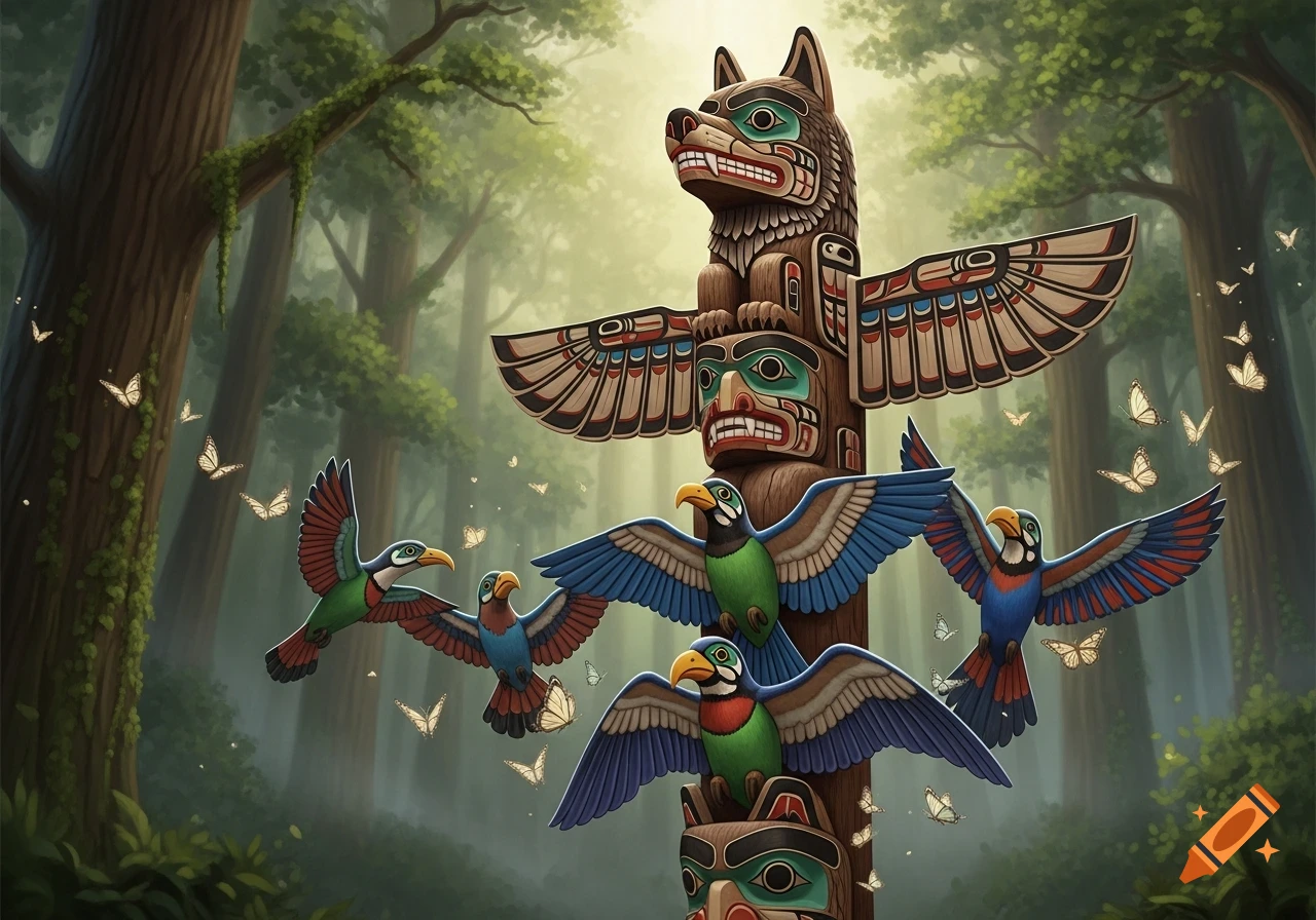 A colorful, stylized totem pole with a wolf and bird carvings, surrounded by flying birds and butterflies in a lush forest.
