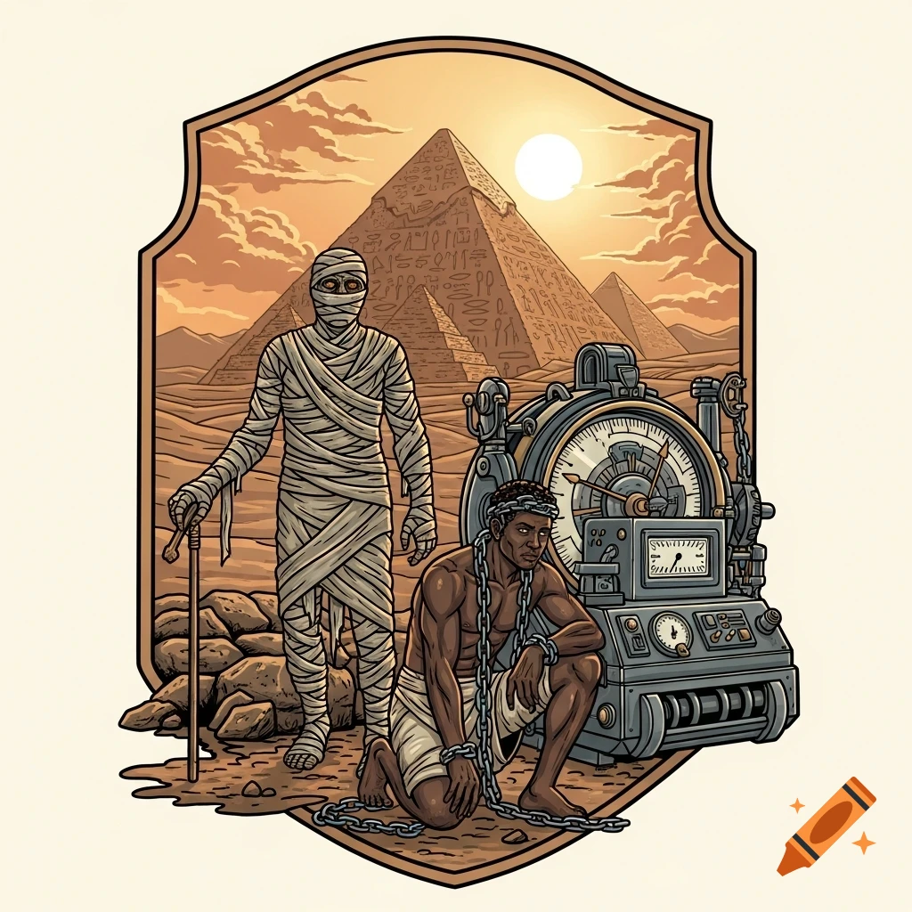 Stylized illustration of a mummy and a chained man with a steampunk time machine, set against Egyptian pyramids and a desert sunset.