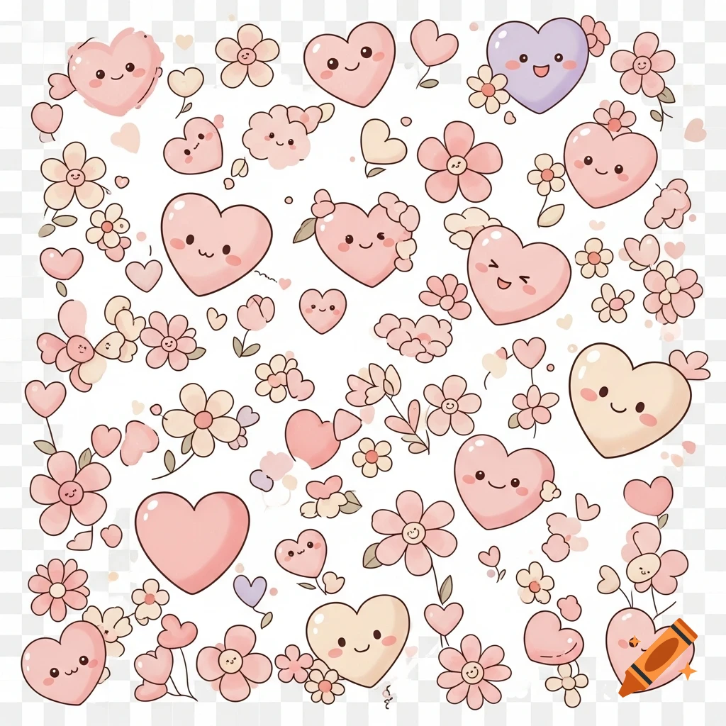 A charming digital illustration in kawaii style featuring a seamless pattern of smiling pink, purple, and beige hearts interspersed with pastel flowers.