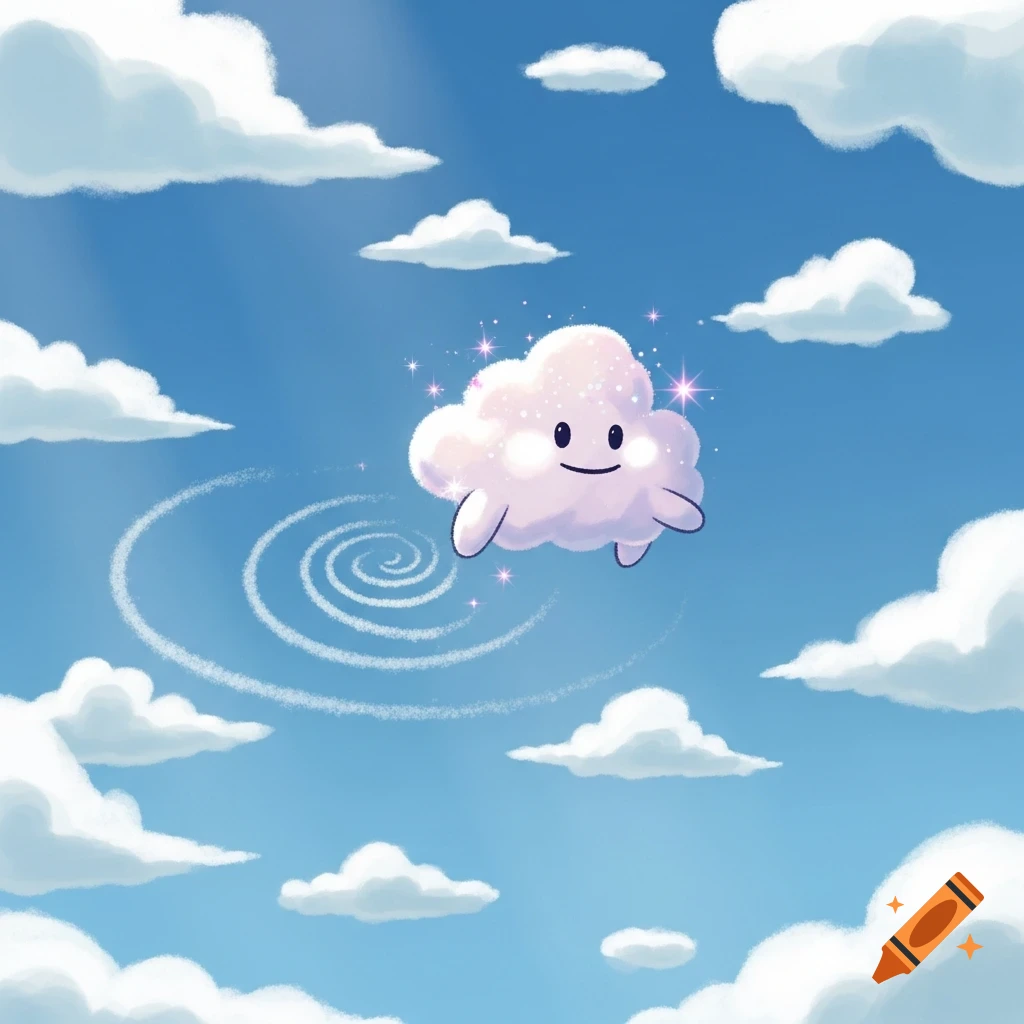 A cute, smiling pink-tinged cloud with a swirling trail floats in a bright blue sky filled with white clouds, in a cartoon style.