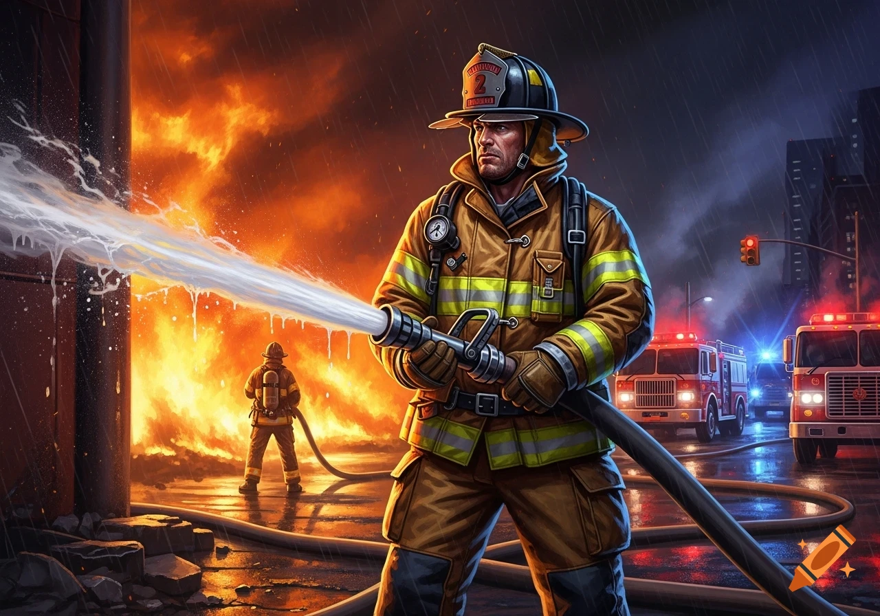 A dramatic illustration of a firefighter in protective gear, hosing down a large building fire in a city, with other fire trucks in the background.