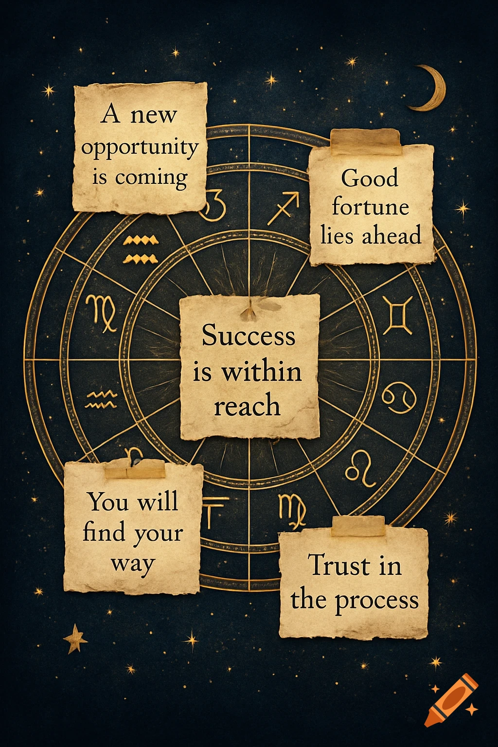 An astrological natal chart with golden zodiac symbols on a deep navy cosmic background, featuring five parchment scraps with motivational phrases.