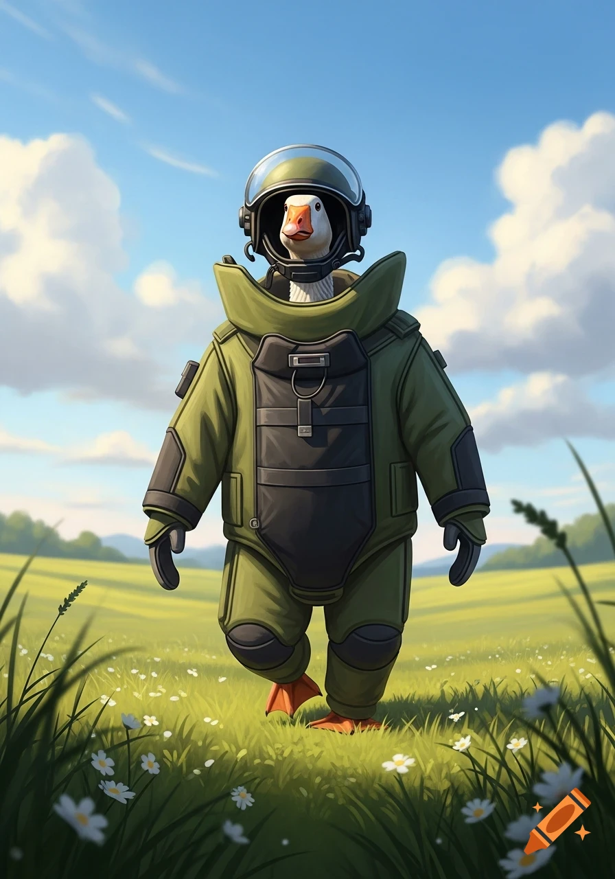 A goose wearing a green bomb disposal suit and helmet walks through a sunny green field with white flowers under a blue sky, illustrative style.