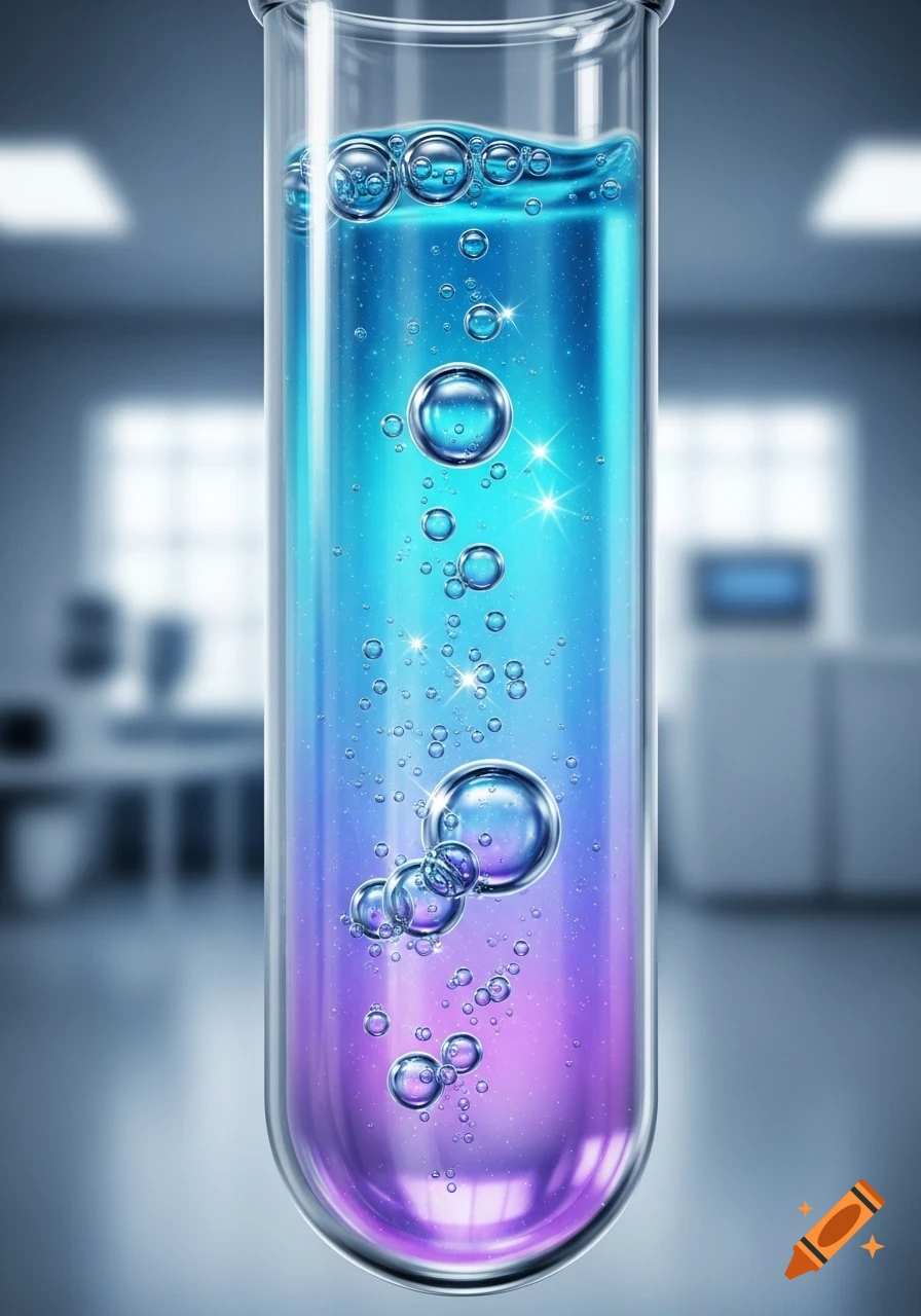 A test tube filled with a vibrant blue-to-purple gradient liquid, featuring numerous bubbles and sparkling highlights, set against a blurred lab background.