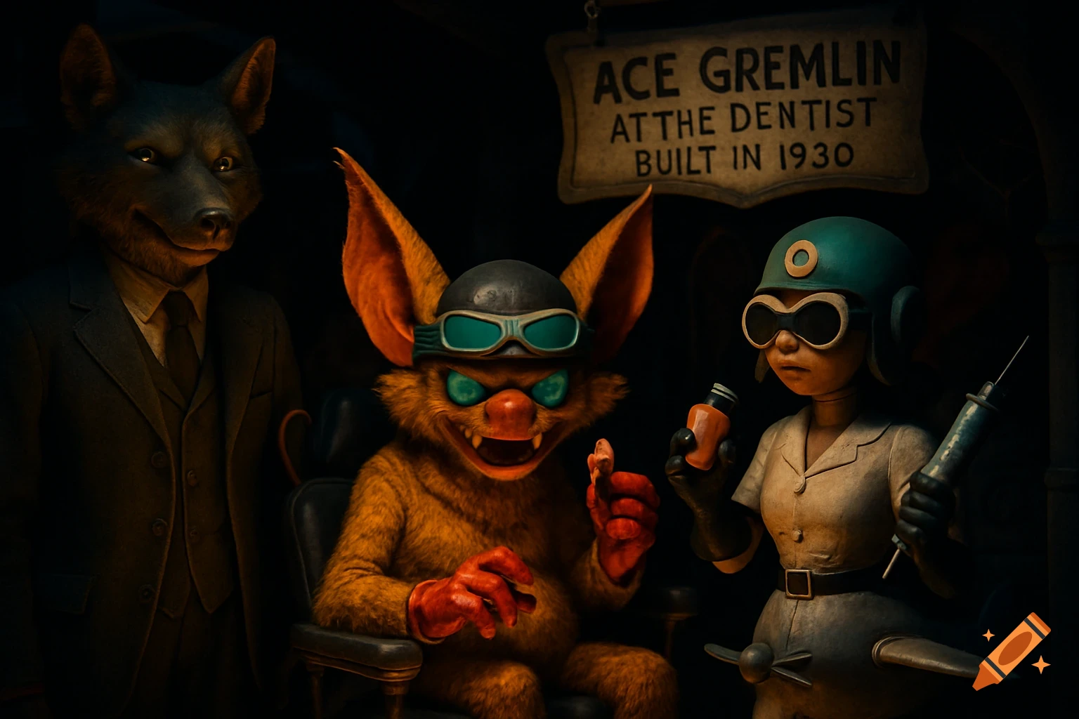 Three animatronic characters: a wolf in a suit, a furry gremlin holding a tooth, and a nurse with a syringe, in a dark ride setting.