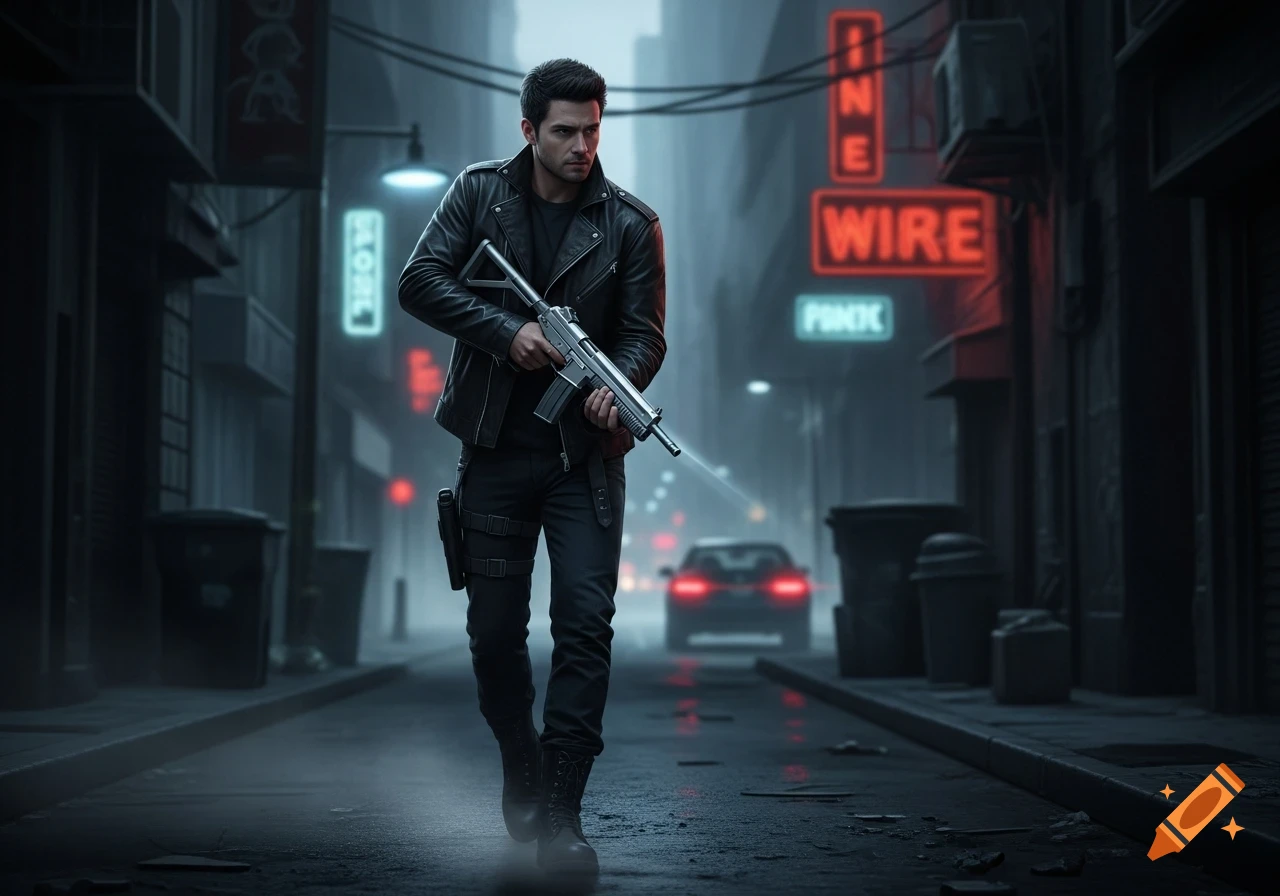 A man in a black leather jacket and tactical pants walks through a dark, foggy city street at night, holding a silver assault rifle. Neon signs glow in the background.
