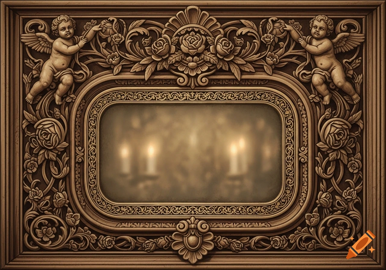 Ornate vintage wooden frame with carved cherubs, roses, and rococo detailing, surrounding a blurred view of lit candles.