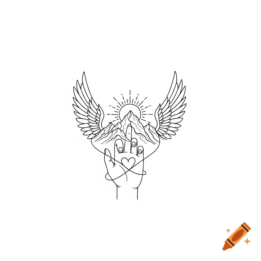 Black line art tattoo design featuring a hand holding mountains, a sun, and wings, with a heart formed by a string.