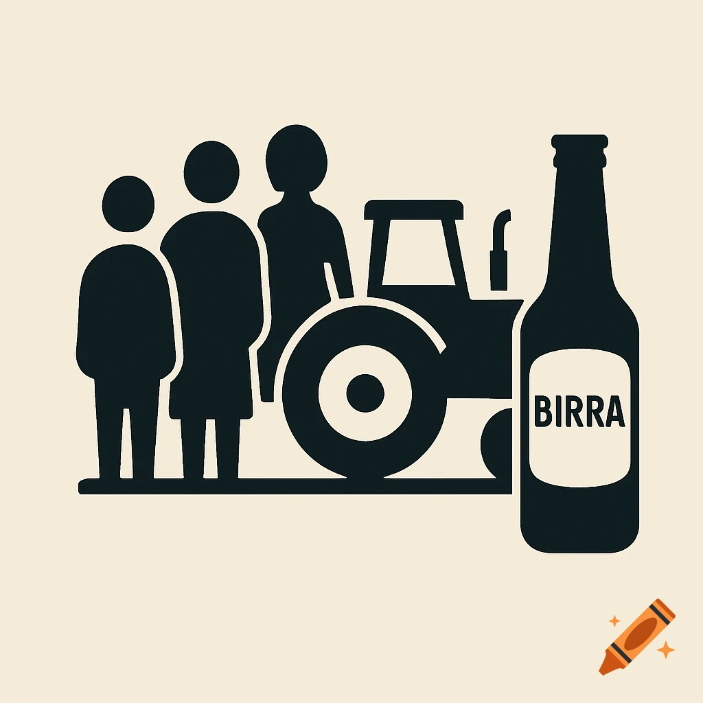 Stylized black silhouettes of three people next to a tractor and a beer bottle labeled 'BIRRA' on a light background.