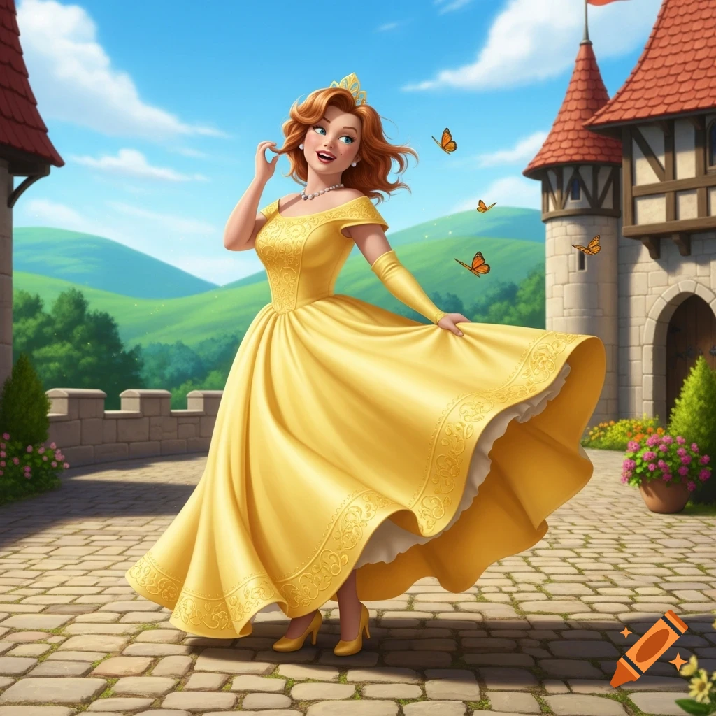 A smiling cartoon princess in a flowing yellow dress twirls in a sunny castle courtyard with butterflies.