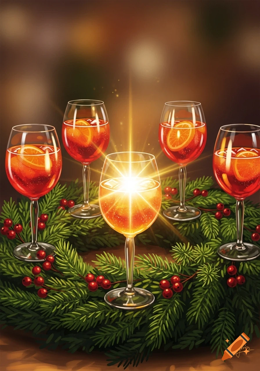 Illustration of five Aperol Spritz cocktails in a festive Christmas wreath with red berries, one glowing brightly.