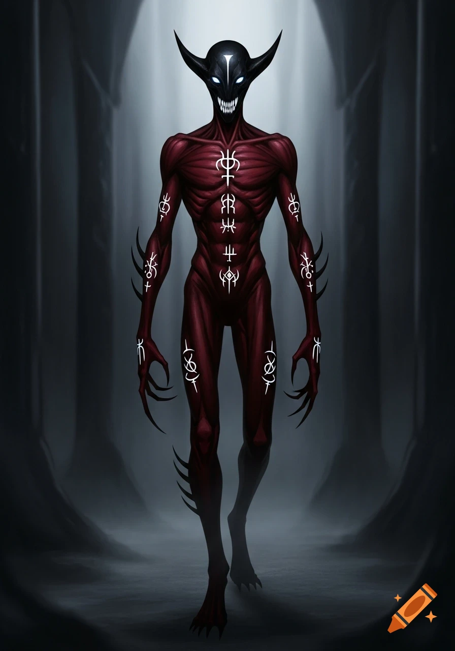 A dark, lean, red-skinned demon with a black horned head, glowing white eyes, sharp teeth, and white symbols on its body, standing in a dim, misty corridor. Digital art.