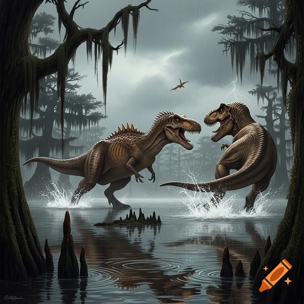 Two large dinosaurs, possibly a Giganotosaurus and a T-Rex, battle in a murky, rainy swamp with cypress trees.