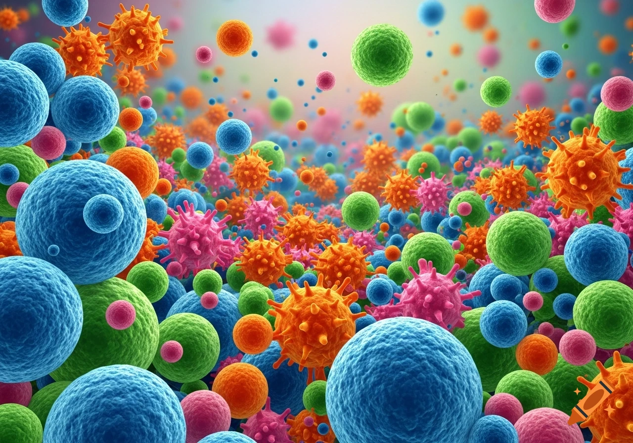 A vibrant, stylized illustration showing thousands of diverse single cells and microorganisms in various colors and textures.