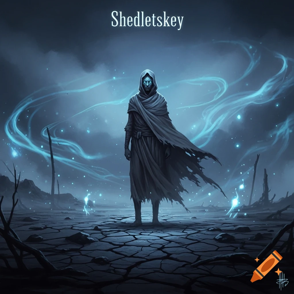 A cloaked figure with glowing blue eyes stands in a desolate, cracked landscape under a dark sky, surrounded by mystical blue energy.