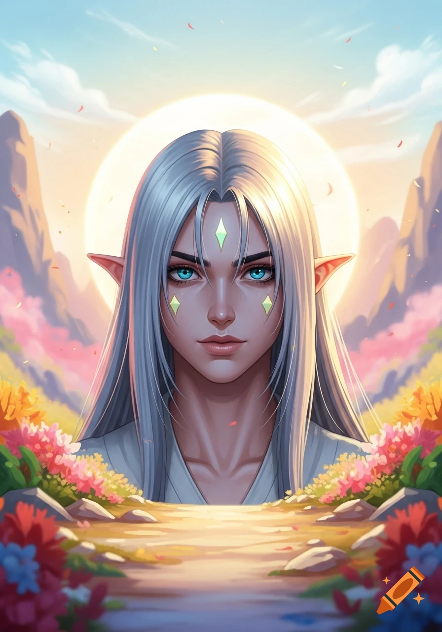 A semi-realistic fantasy portrait of an elf with long silver hair, blue eyes, and diamond facial markings, standing in a vibrant field with mountains and a glowing sun.