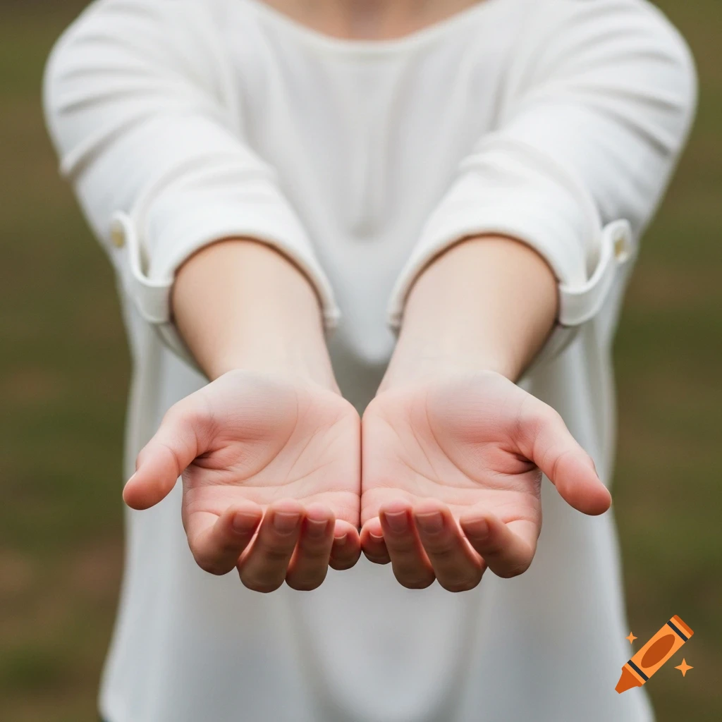 Close-up of a person in a white blouse with rolled-up sleeves, extending both hands forward with palms open and facing upward in a giving or receiving gesture.