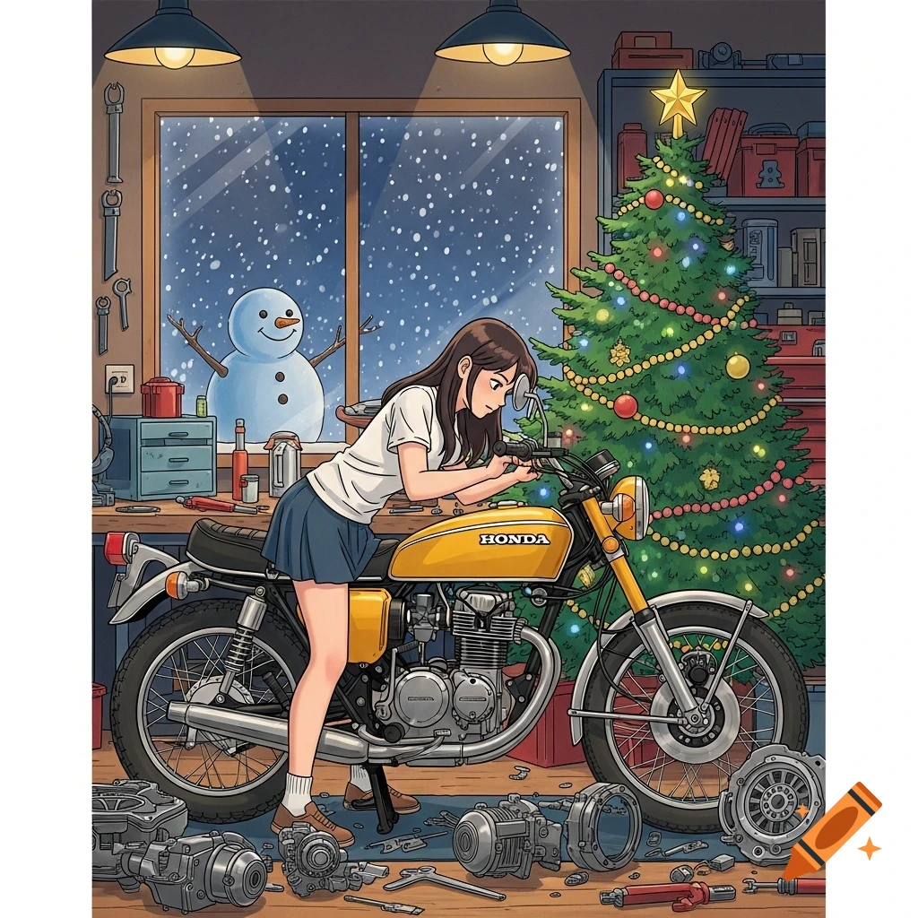 A girl in a workshop fixing a yellow Honda motorcycle. A Christmas tree stands nearby, and a snowman is outside the window, in a cartoon style.