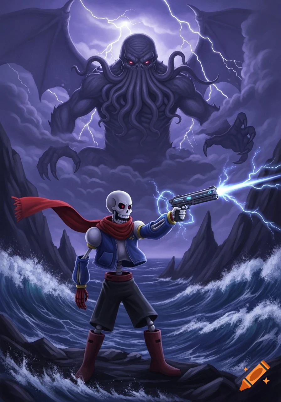 Papyrus from Undertale points a lightning gun at a towering Cthulhu monster in a dramatic, stormy seascape illustration.