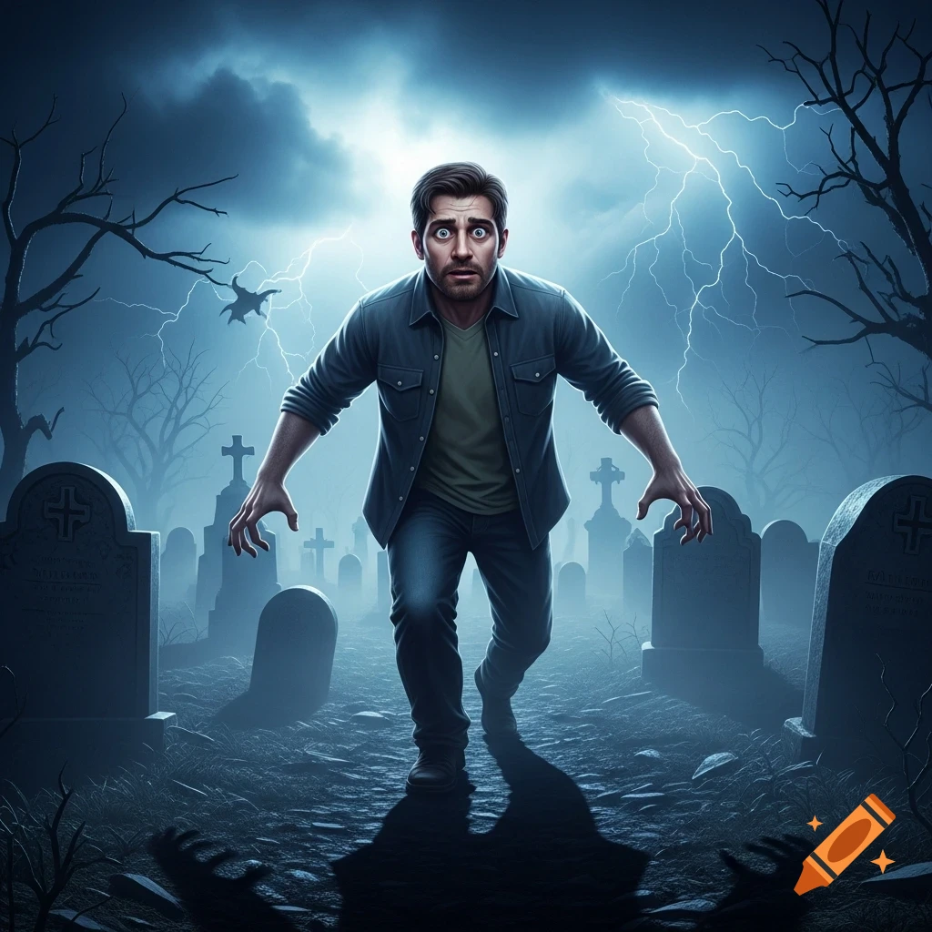 A scared man with wide eyes stumbles through a misty graveyard under a stormy, lightning-filled sky.