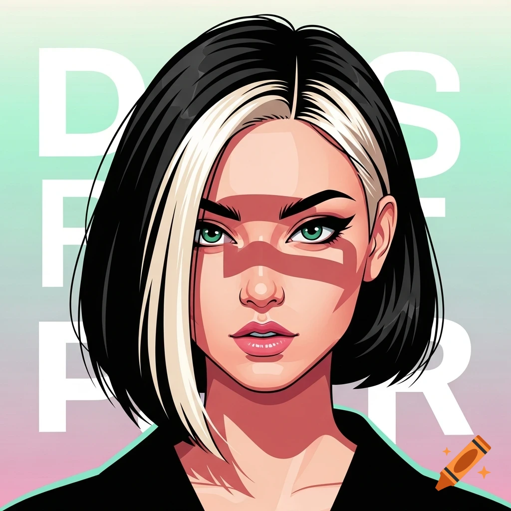 Stylized illustration of a woman with short black hair, a white streak, green eyes, and pink lips, against a gradient background with large, faded white letters.