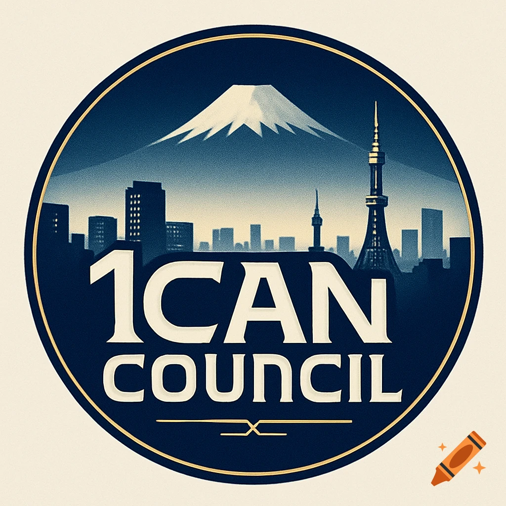 Circular logo with Mount Fuji, Tokyo skyline, and text '1CAN COUNCIL' in a stylized graphic design.