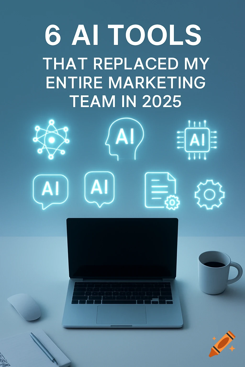 Flat lay of a clean white desk with a laptop, mouse, notebook, pen, and coffee mug. Glowing blue AI icons float above the laptop, with large white text "6 AI Tools That Replaced My Entire Marketing Team in 2025".