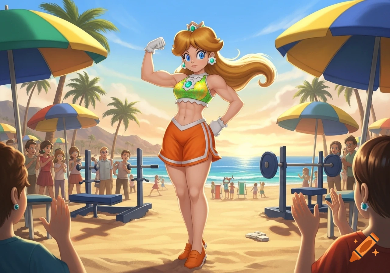 Princess Daisy flexes her muscular bicep on a sunny beach, surrounded by beachgoers, umbrellas, and weights.