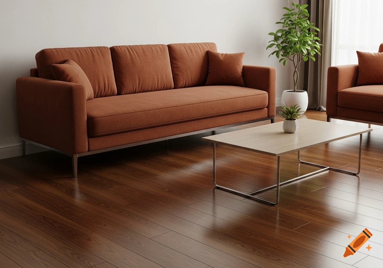 A modern living room featuring a rust-brown couch, a light wood coffee table, and potted plants on a dark wooden floor.
