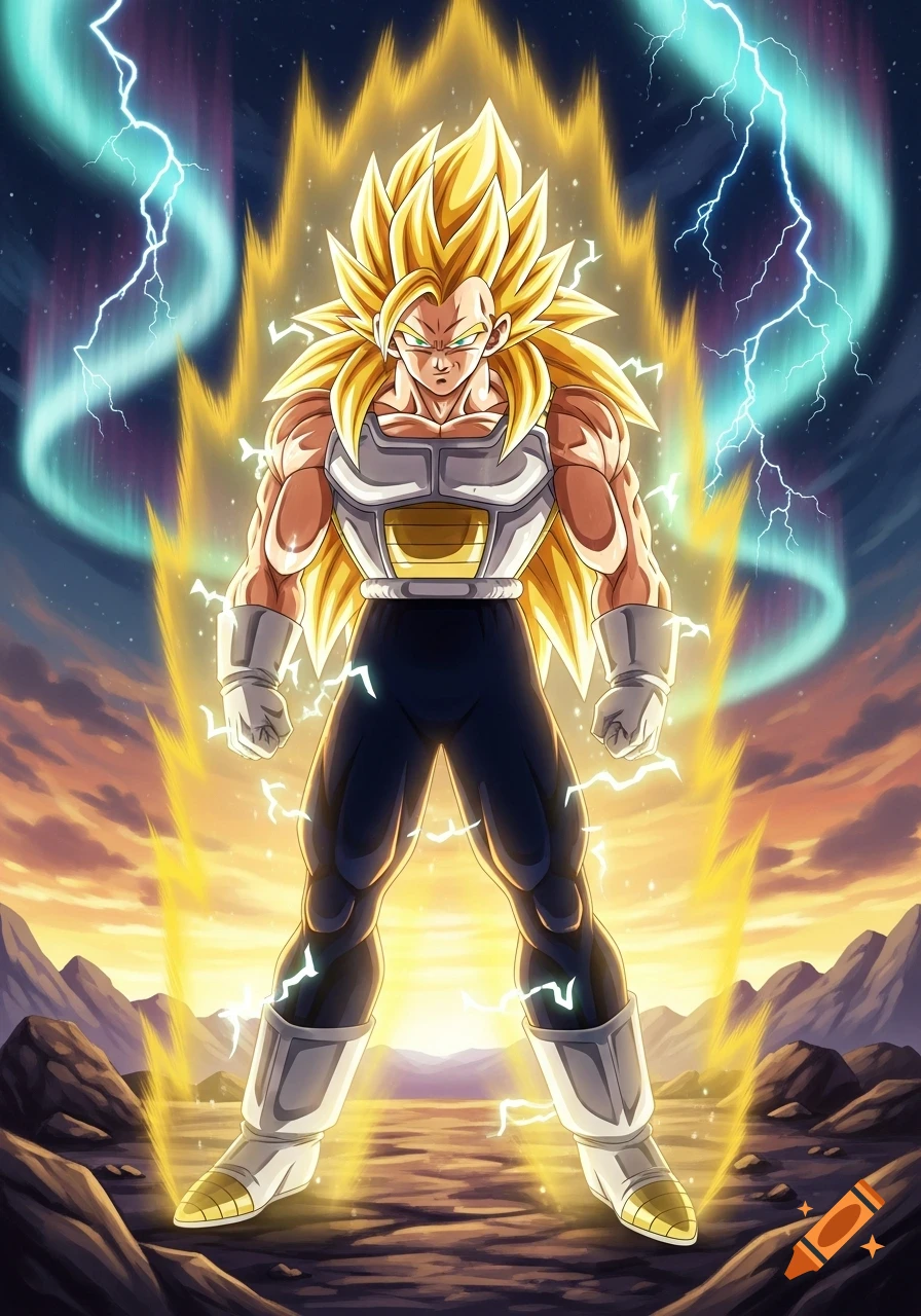 Super Saiyan 3 Vegeta, with long golden hair and glowing aura, stands powerfully with lightning around him against a dramatic sky.