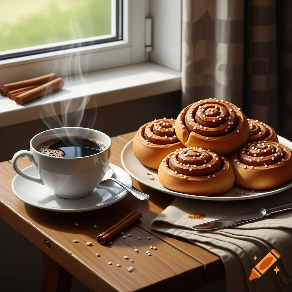 Steaming black coffee and a plate of cinnamon buns with white icing and sprinkles on a wooden table by a window, photorealistic.
