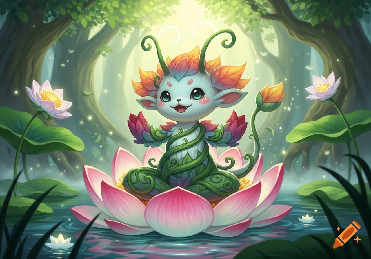 A cute, light blue, leafy forest spirit with orange and pink petals sits on a large pink lotus flower in a magical forest pond.