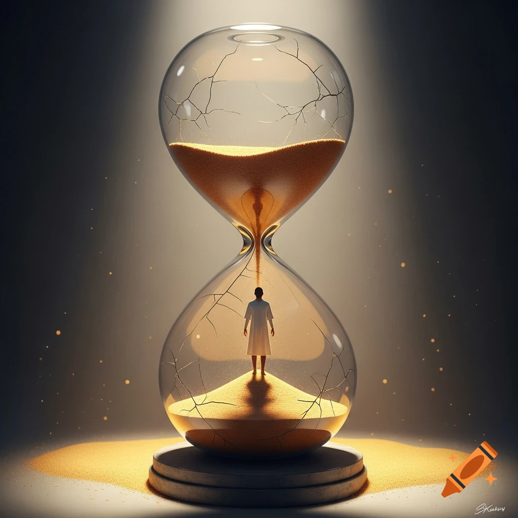 A figure stands on golden sand inside a large, cracked hourglass, illuminated by a spotlight from above.