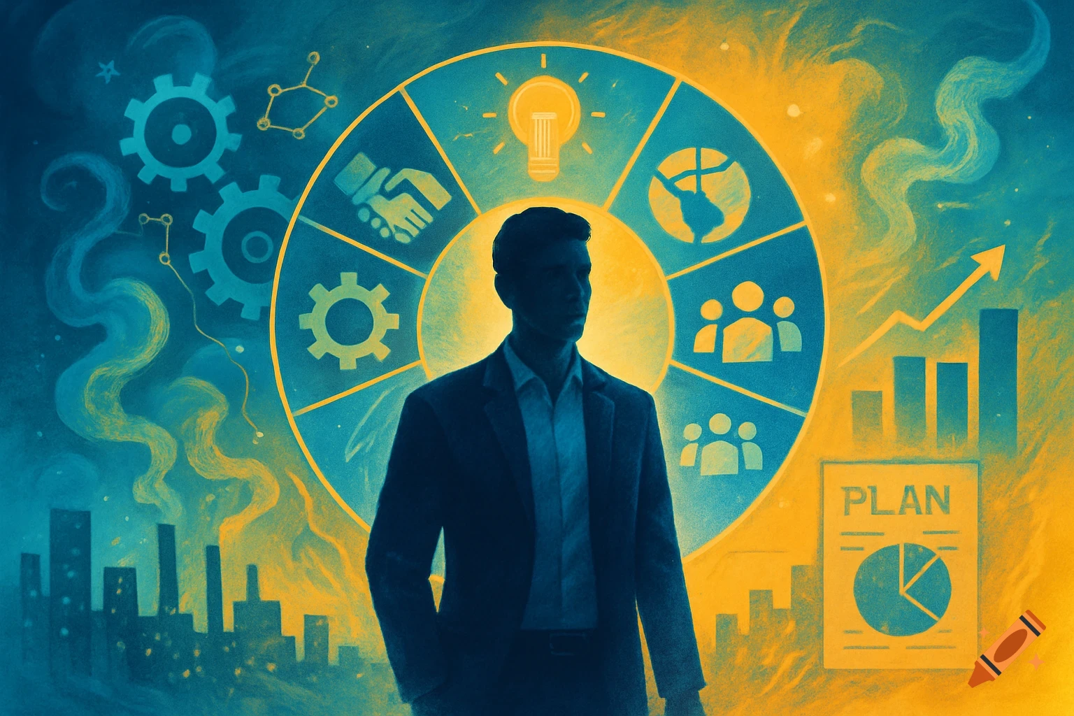 A stylized illustration of a silhouetted man in a suit against a teal and gold background, with a wheel of business icons, cityscapes, and growth charts.