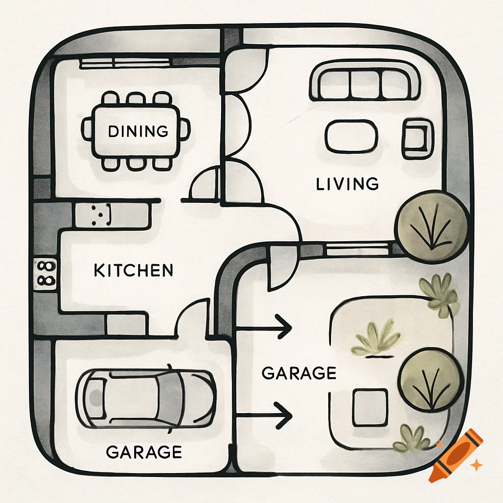 Stylized bubble floor plan of a house with labeled dining, living, kitchen, and garage areas, plus outdoor space.