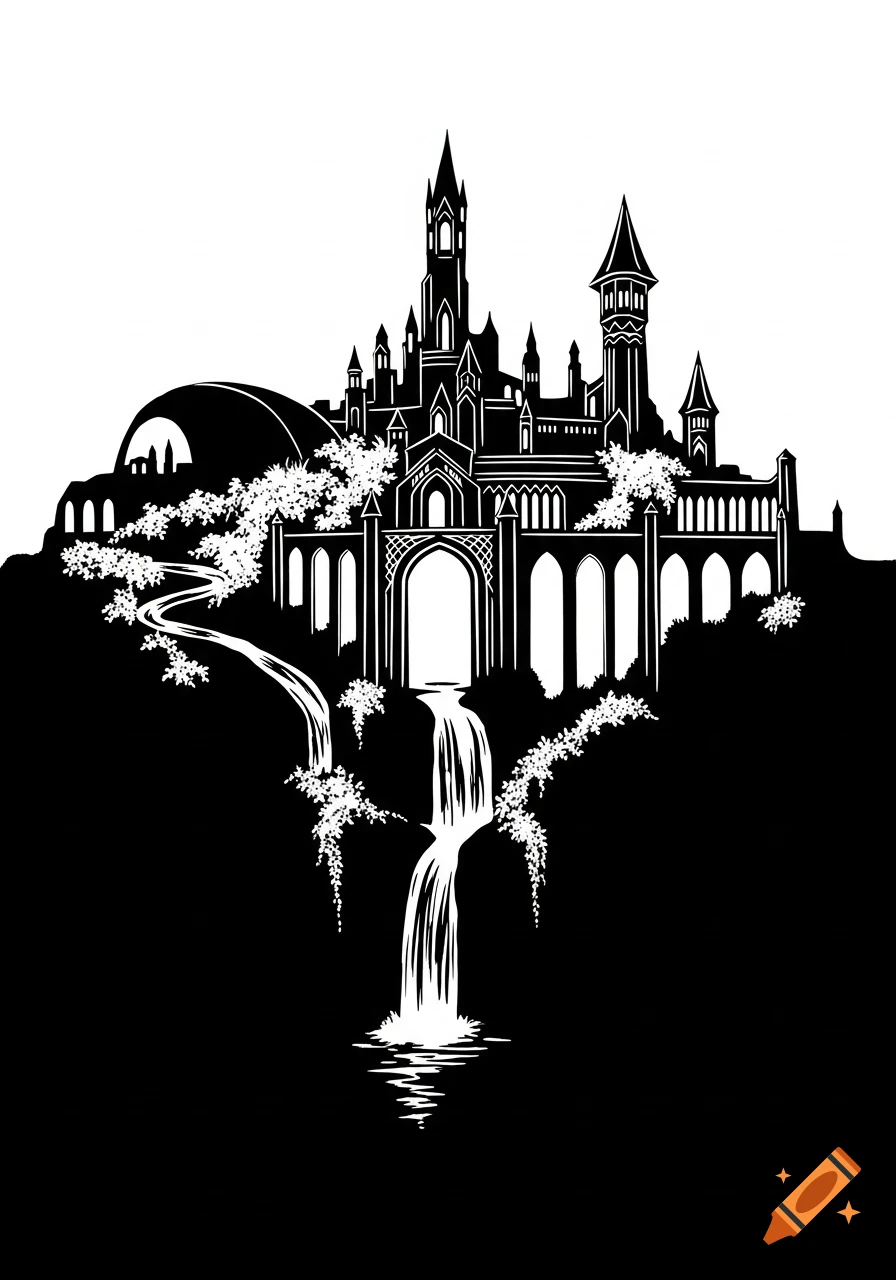 Black and white stencil silhouette of a fantasy castle with waterfalls and foliage cascading down.