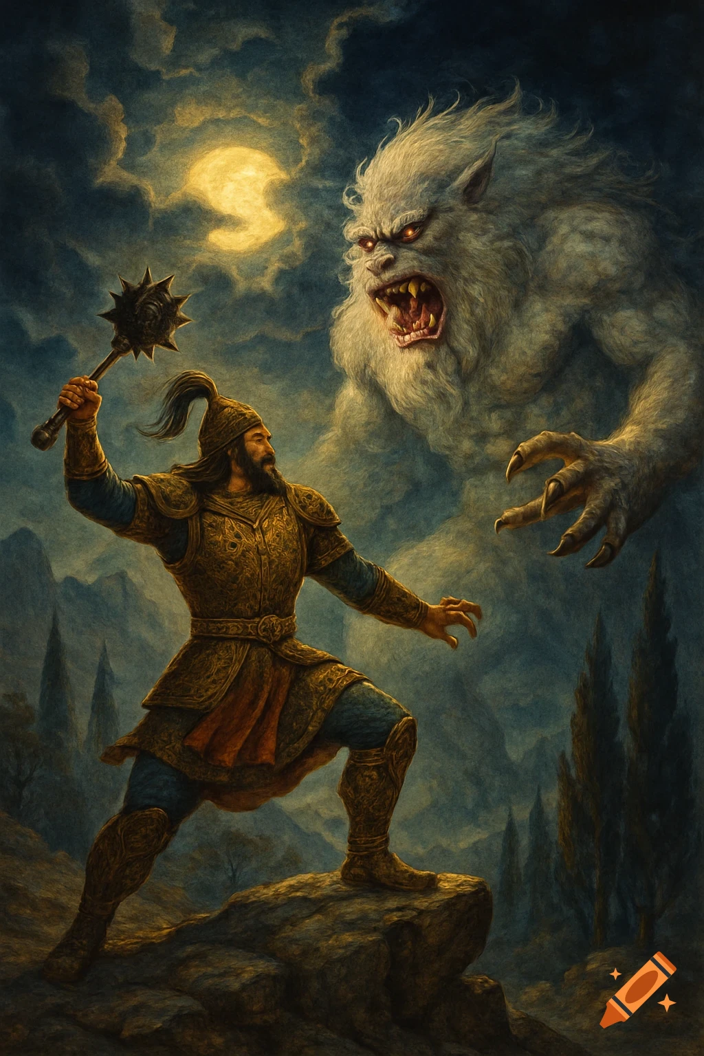 A warrior in golden armor with a mace confronts a giant, roaring white monster under a full moon, depicted in an epic painting.