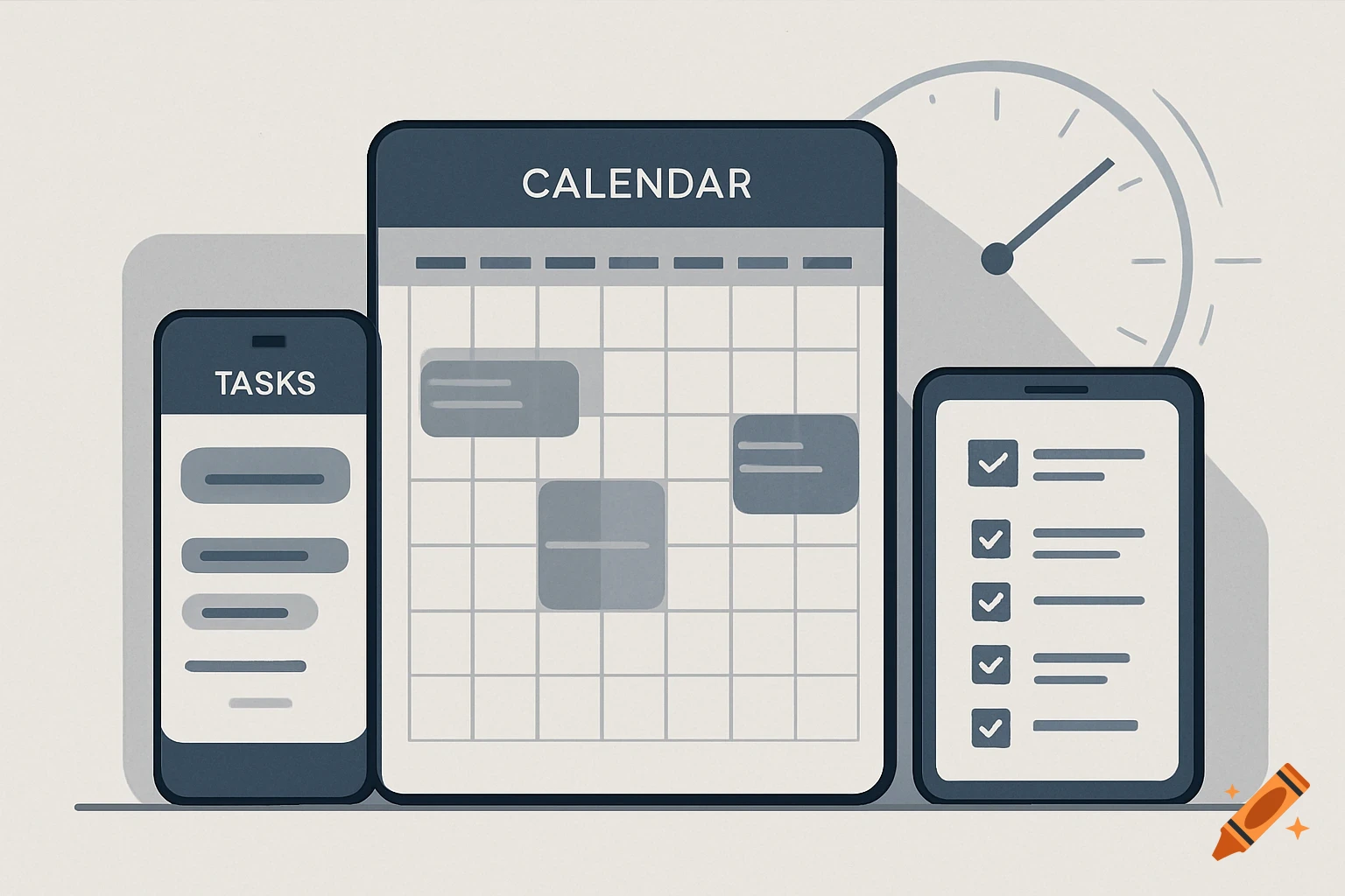 Modern illustration of digital time management tools: a smartphone with tasks, a calendar, a tablet with a checklist, and a clock.