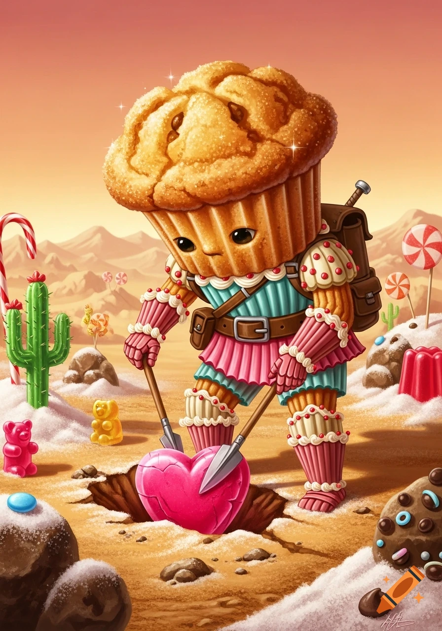A whimsical muffin-shaped character, wearing armor, digs for a pink heart-shaped artifact in a vibrant candy desert filled with gummy bears and lollipops.