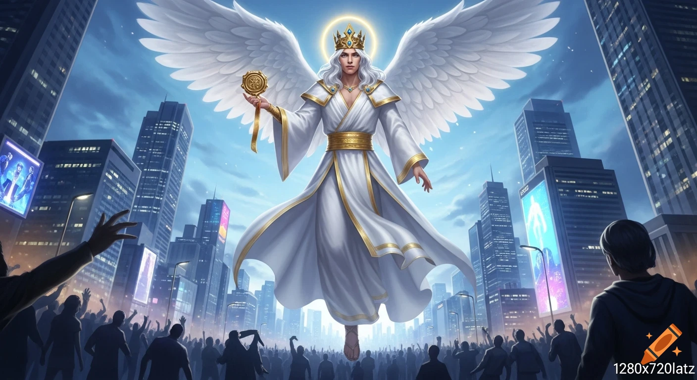 A majestic male angel with white wings, a golden crown, and white robes floats above a modern city, with a crowd of people looking up from below.