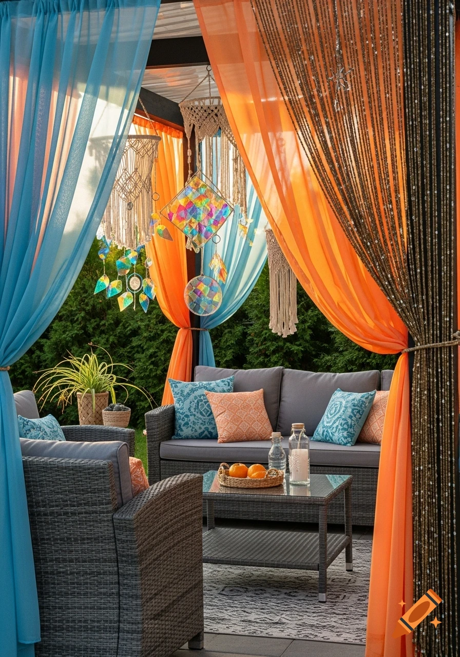 A vibrant boho patio with gray rattan furniture, sheer blue and orange curtains, macrame, and suncatchers in an outdoor setting.
