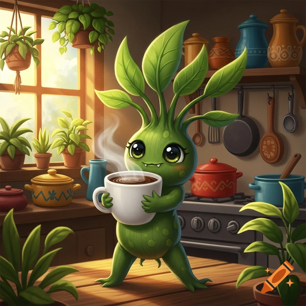 A cute, green, mandrake-like creature with large eyes holds a steaming white coffee cup in a sunny kitchen.