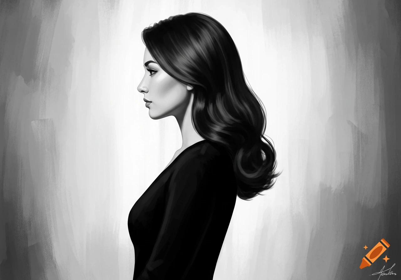 Black and white digital painting of a woman in profile, looking left. She has dark, wavy hair and wears a dark top, with a textured background.