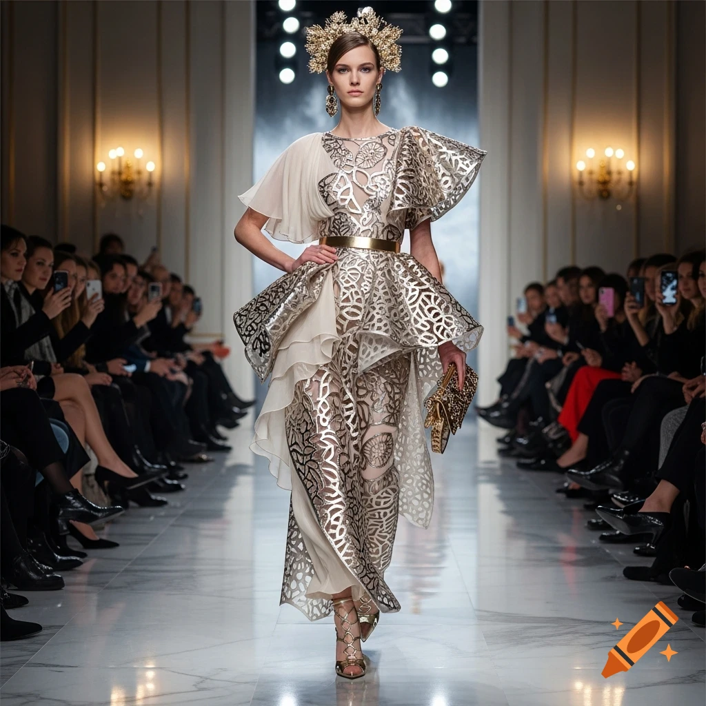 A female model walks a runway in a cream and metallic gold patterned gown with a large gold headpiece, an audience watches.